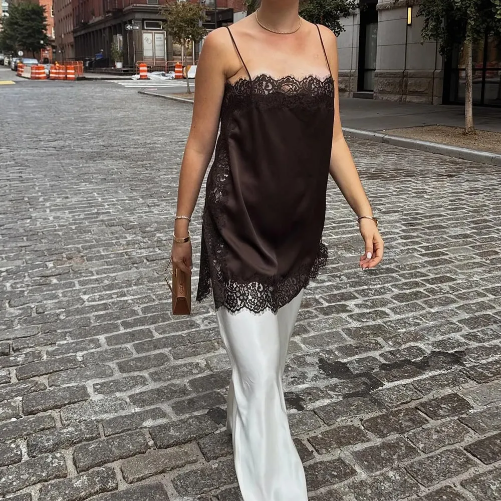 Vintage Sexy Floral Lace Satin Patchwork Camisole for Women Boho y2k Solid Sleeveless Backless Beach Chic Tops Cropped