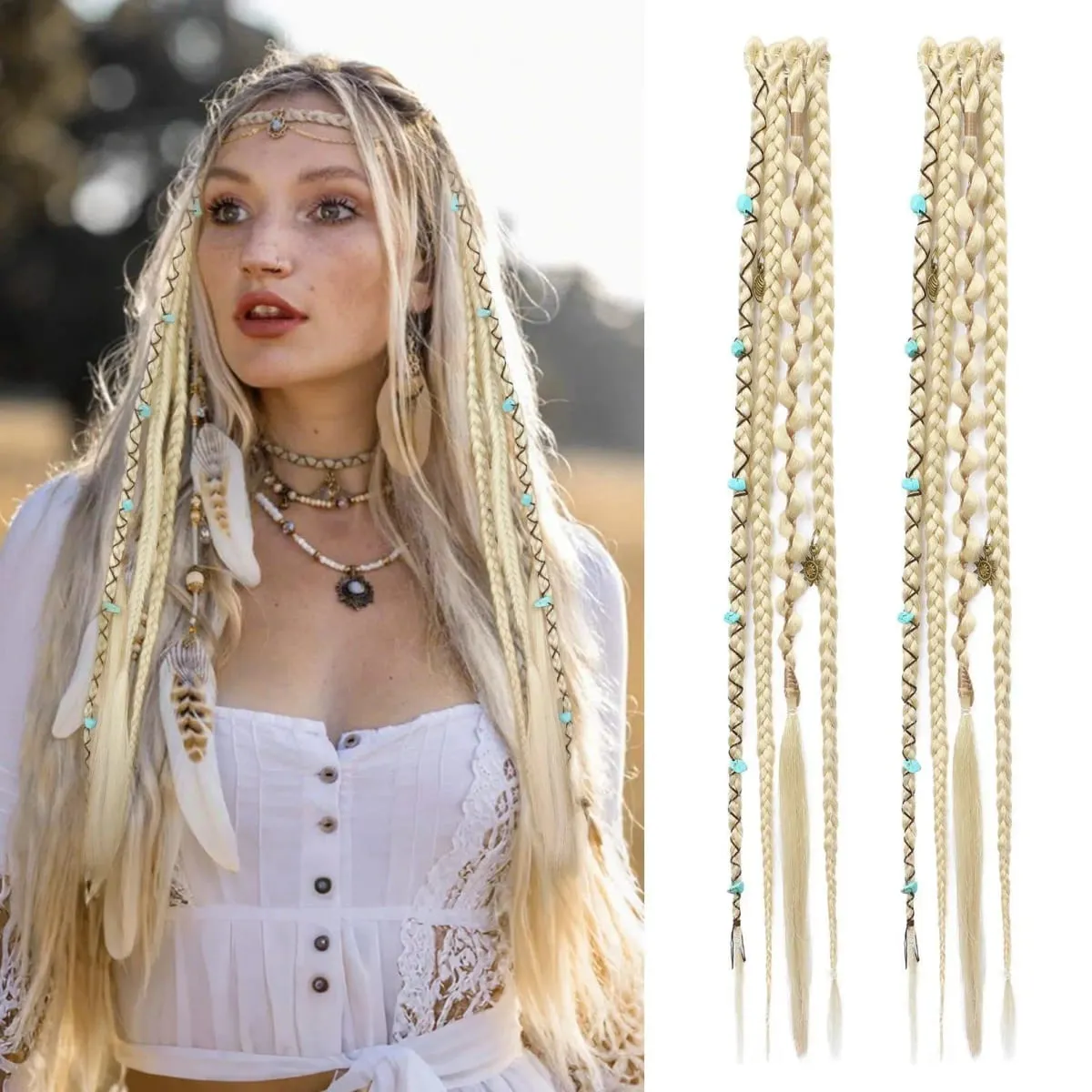 2PCS Synthetic 20Inch Bohemian Braided Ponytail Hair Extensions With Metal Charms Brown Mix Burgundy Handmade Box Braid Ponytail — image 7