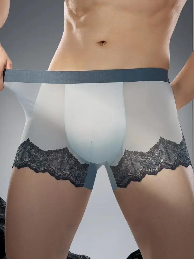 Men Lace Mesh Patchwork Underwear Summer Ultra Thin Breathable Boxer Shorts Sexy Bulge Pouch Underpant Panties See Through Trunk — image 4