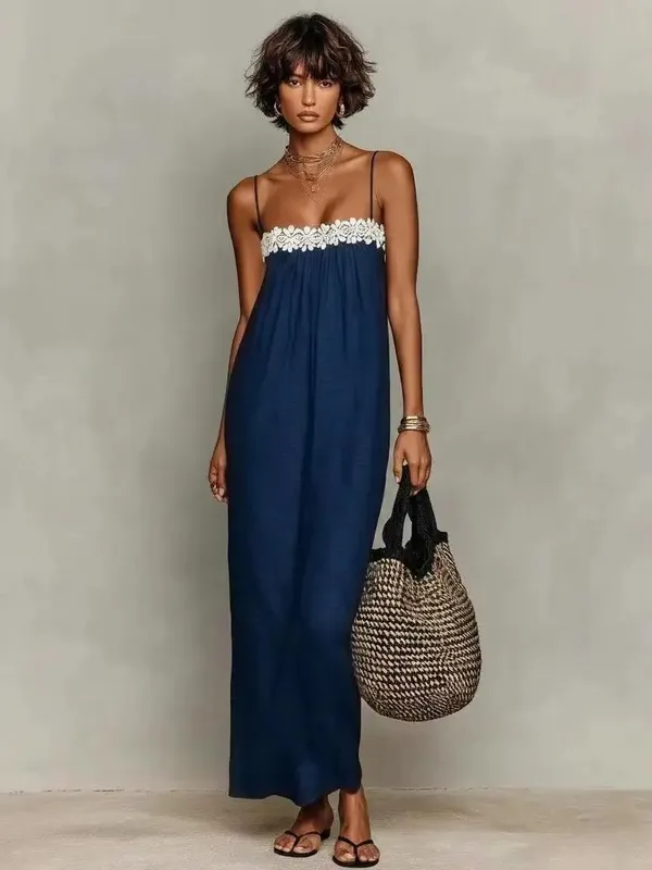 Women's Summer Boho Maxi Dress Spaghetti Strap Lace Patchwork Loose Beach Sundress Casual Vacation Long Dresses — image 3