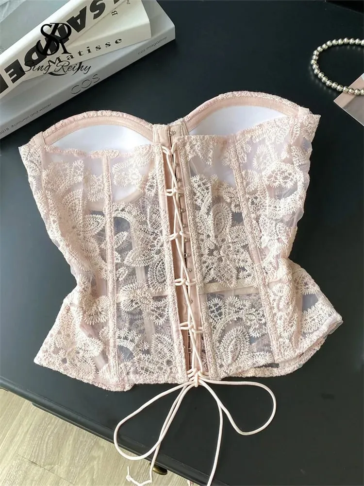 Floral Embroidery Sexy Club Top Female Strapless Slim Corset Backless Tank Top French Lace Up Basics Sheer Camisole — image 3