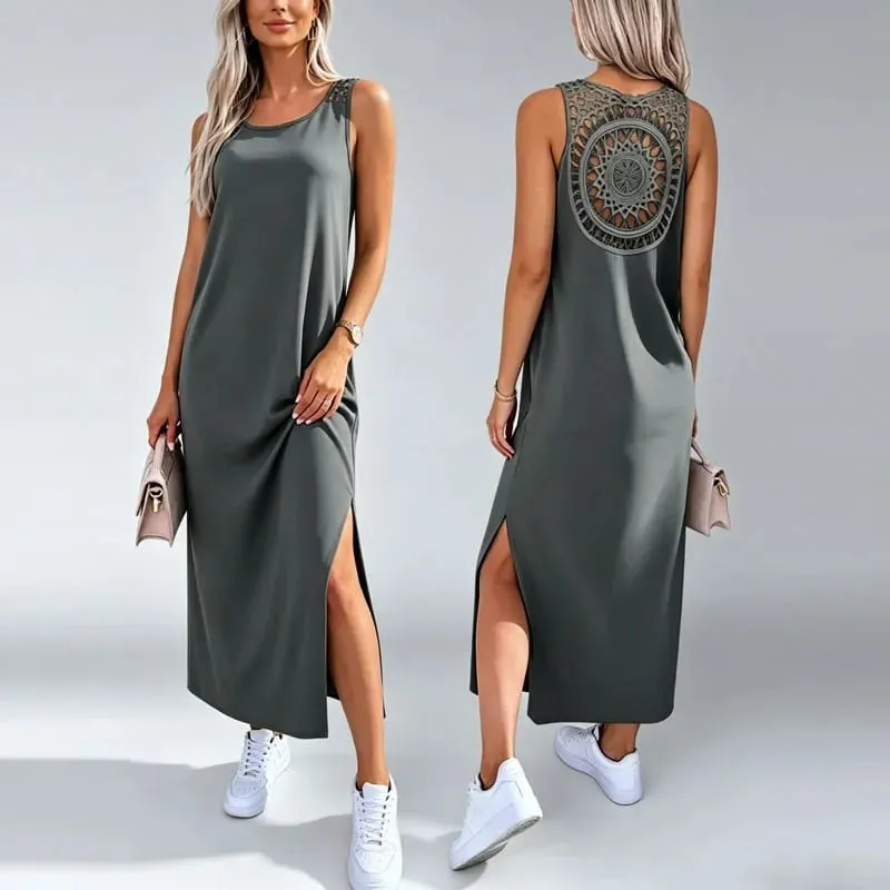 New Summer Casual Hollow Sexy Loose Dress Women Fashion Slit Sleeveless Party Dresses Women Round Neck Mid Length Ladies Dress — image 2