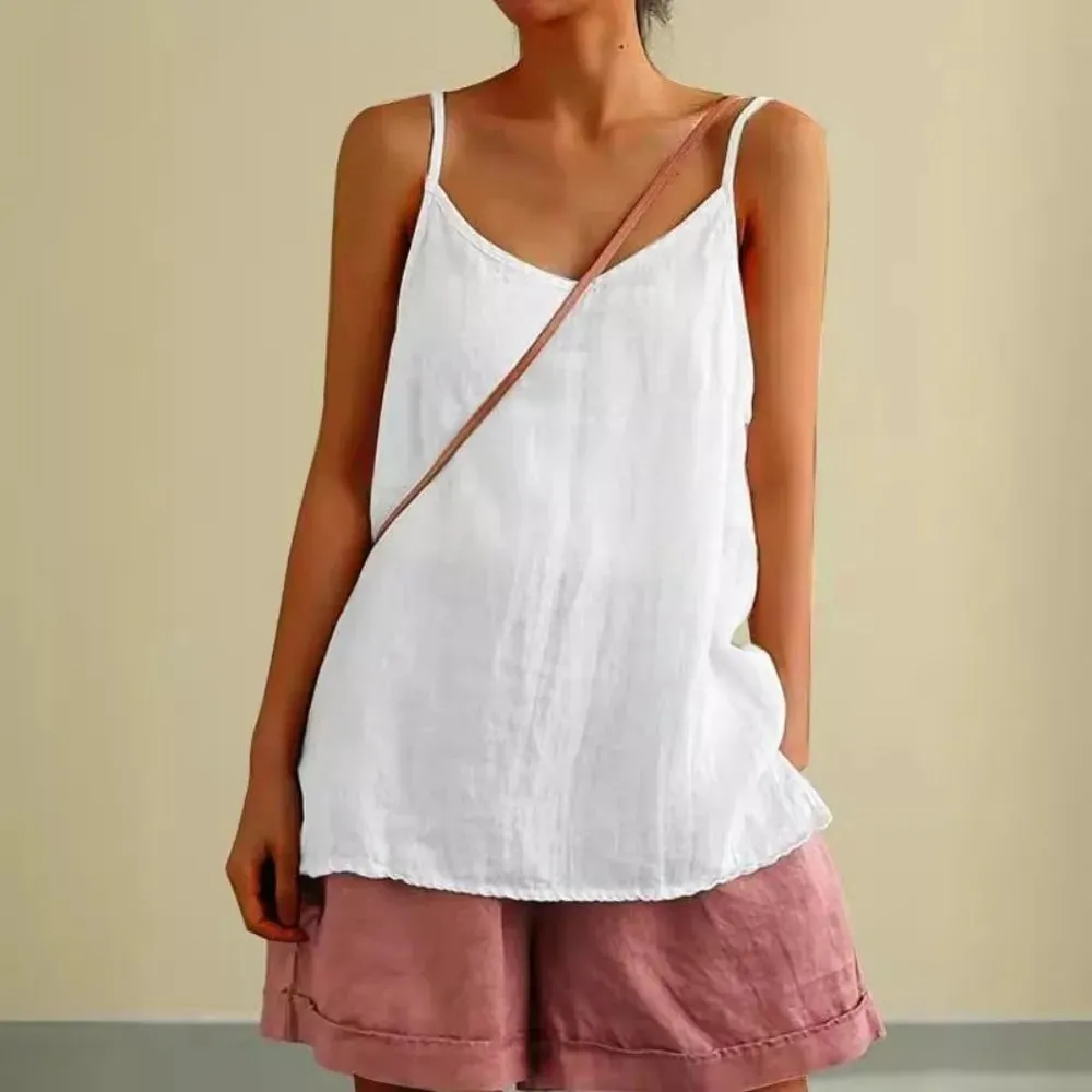 Basic Cotton Linen Spaghetti Strap Top V Neck Sleeveless Sleeveless Tank Top Loose Fit Breathable Camis Top Summer Wear