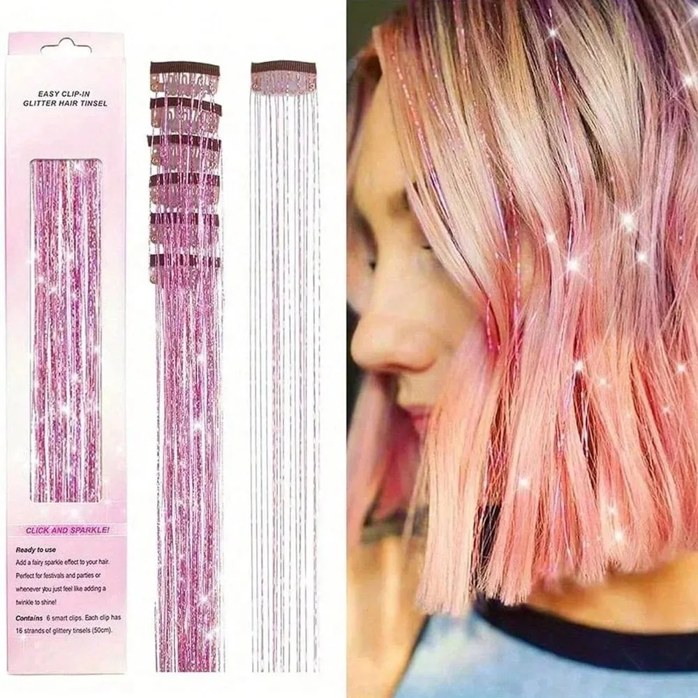 12Pcs Hair Tinsel Clip In 19.7" Glitter Tinsel Hair Extensions Synthetic Clip In Sparkle Hair Accessories For Kids Girls Women — image 2