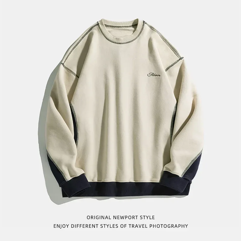 2025 Spring New Fashion Men's Color-coded Casual Trendy Long Sleeve O-neck Heavy Duty Pullover Male Vintage Hoodies Tops Clothes — image 4