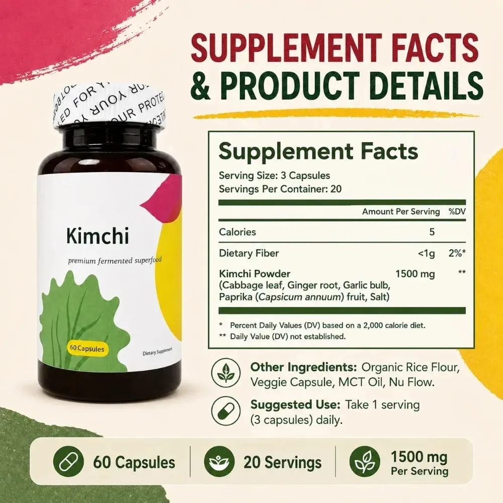 Kimchi Capsules 1500mg Fermented Superfood 60 Caps Gut Health Digestive Support Vegan Non-GMO Cabbage Ginger Dietary Supplement — image 2