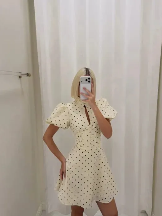 Retro Polka Dot Mini A-line Dress Elegant Stand Collar Puff Short Sleeve Waist-cinching Dresses 2026 New Lady Party Gowns — image 9