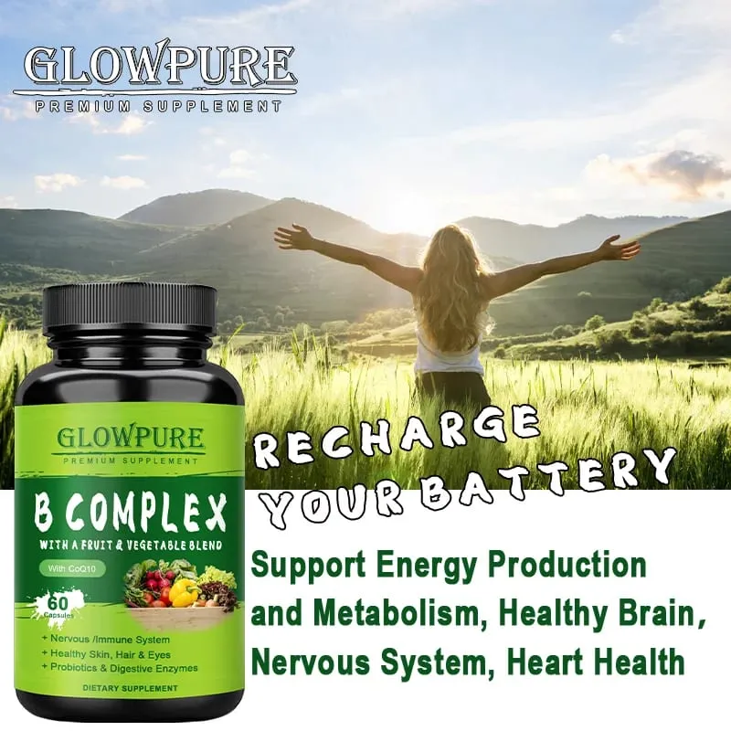 B Complex Vitamins for Nervous System & Energy - Supports Immunity Heart Health Hair Skin & Nails