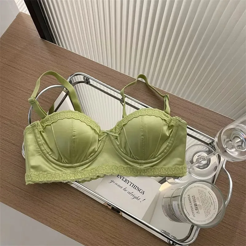 Hot Item French Inspired Minimizer Bra Women Satin Lace Thin Cup Soft Underwire Uplifting Centering Anti-Sagging Solid Comfort — image 10