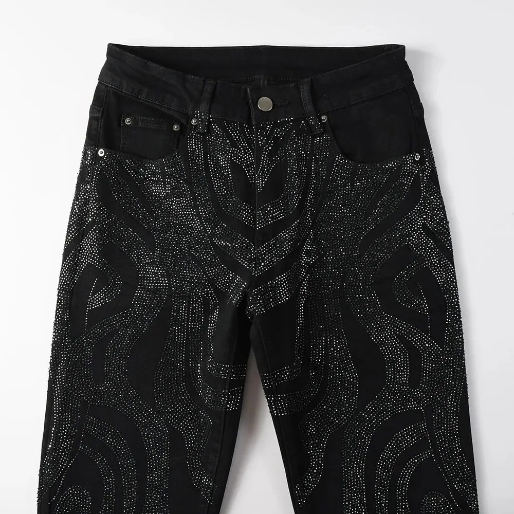 Men Crystal Denim Jeans High Quality Rhinestone Stretch Pants Streetwear Black Skinny Tapered Trousers