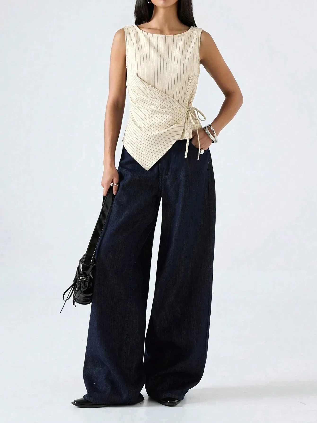 Women's Elegant Stripe Printing Slim Fit Side Tie-Strap Pleating Sleeveless Top Casual Asymmetry Hem Boat Tank Top Summer 2026 — image 6