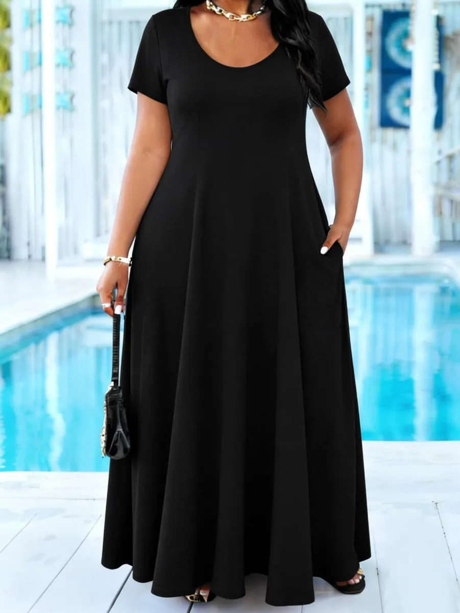 Plus Size Women's Solid Black Maxi Dress Summer Casual Short Sleeve Crew Neck A Line Flowy Long Dress With Pocket Beach dresses — image 3