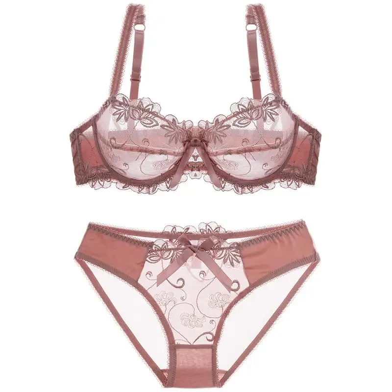 Women Sexy Sheer Mesh Lace Bra Set Thin Minimizer Big Bust Bowknot Pure Desire Lingerie Brassiere Underwear 34‑40 BC — image 9