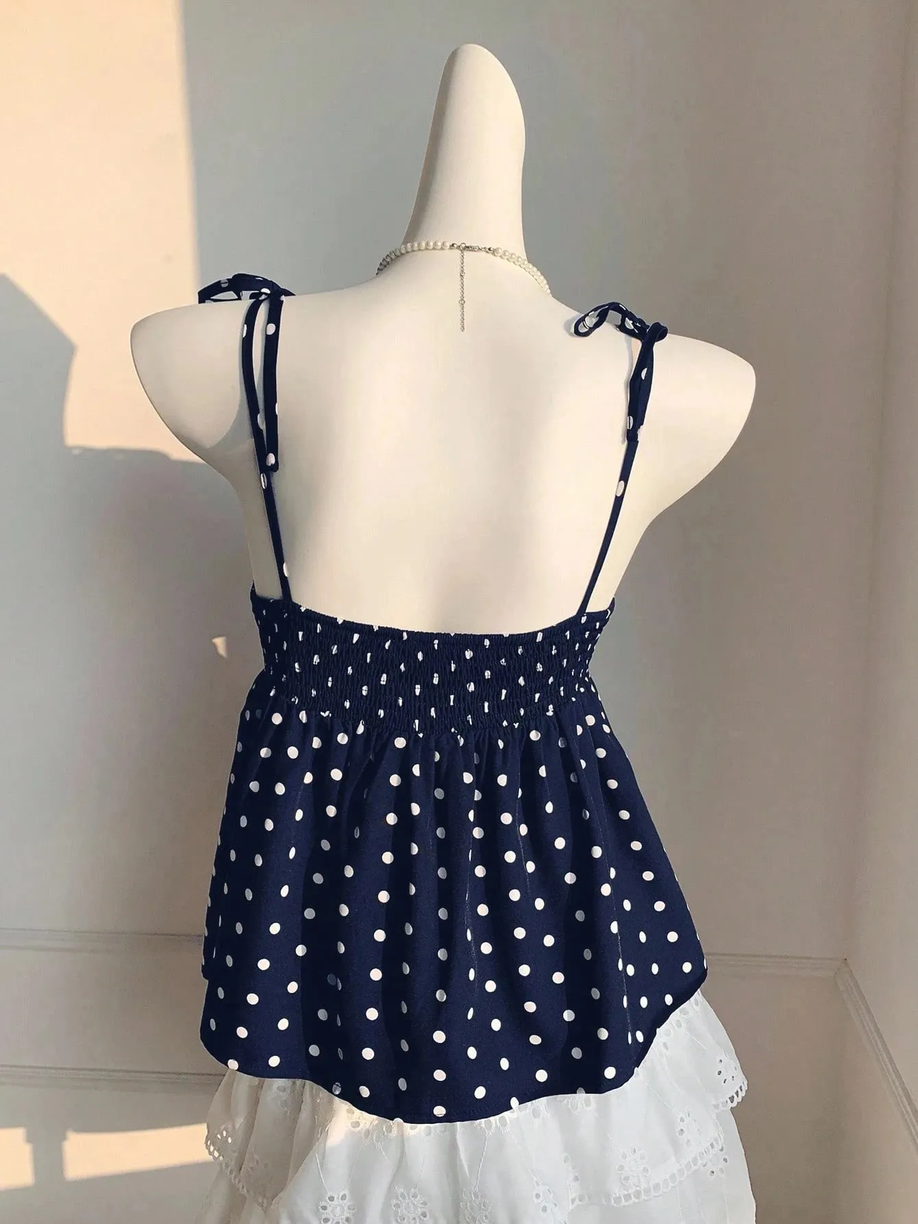 Women's Polka Dot Crop Cami With Spaghetti Straps And Flared Hem Polka Dot Camisole Babydoll Top Babydoll Tops Polkadot Top Cute — image 3