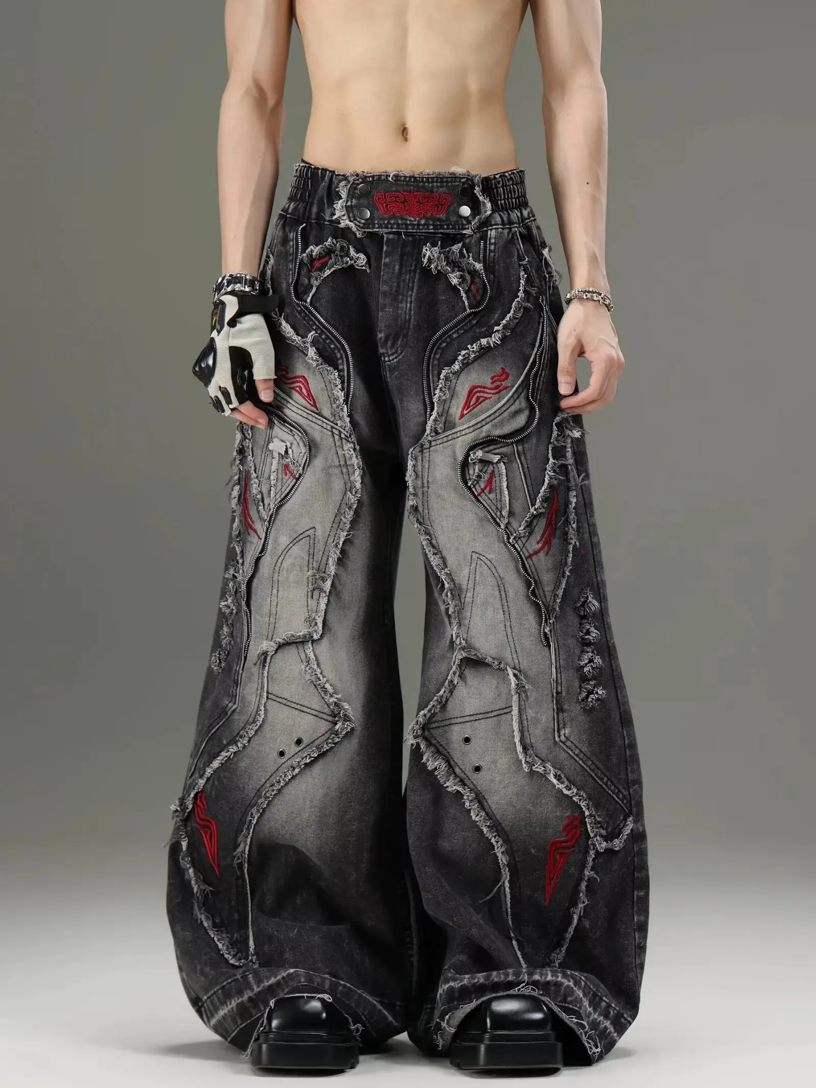 Gothic Retro Baggy Unisex Mopping Pants Y2K Phantom Jeans High Street Red Embroidered Patch Hip Hop Streetwear Straight Jeans — image 2