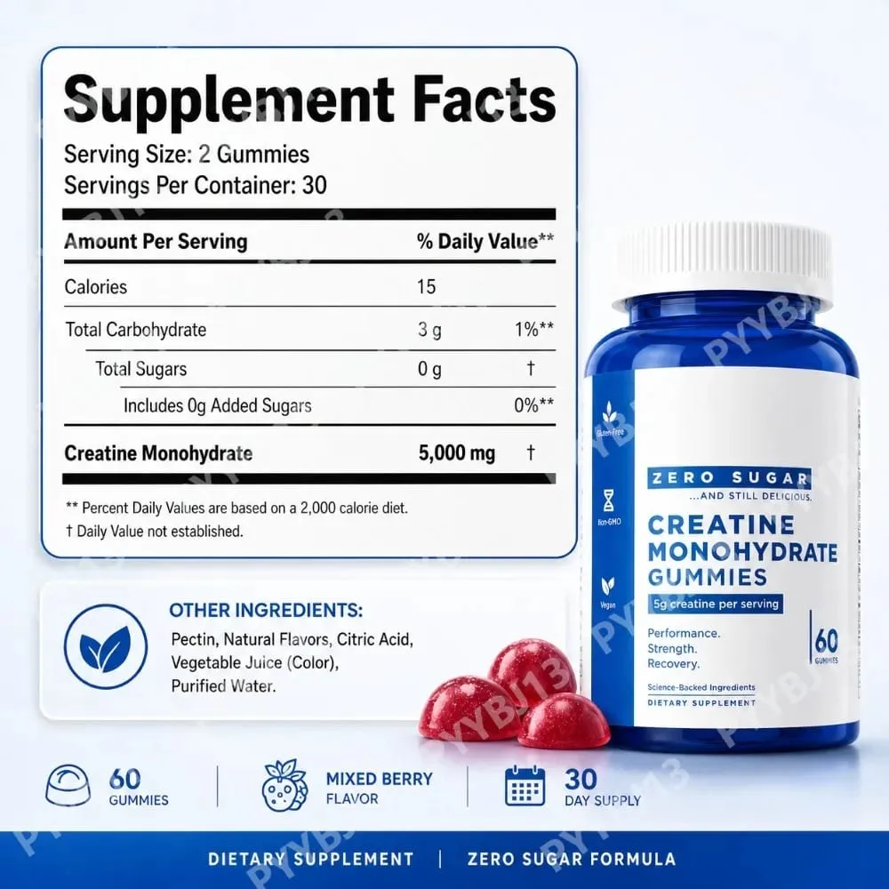 Zero Sugar Creatine Monohydrate Gummies 5g Per Serving – Mixed Berry Flavor – Vegan Pectin – 60 Count Dietary Supplement unisex