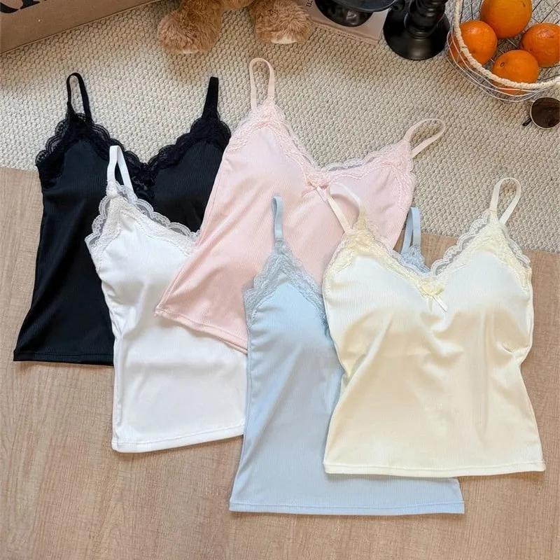 Spaghetti Strap Camis 2026 Summer Lace Ribbed Women Tank Top With Built In Bra Pads Slim Fit Crop Top For Inner & Outer Wear — image 2