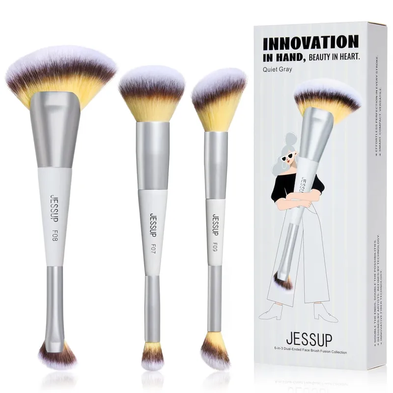 Jessup Juego de brochas de maquillaje, 3/7 Uds., base sintética de doble punta, colorete, resaltado, mezcla de brochas para cejas con bolsa, gris silencioso T520