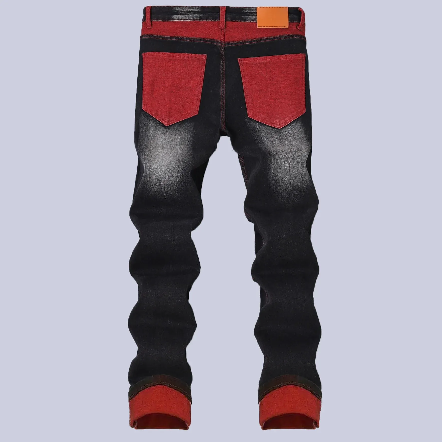 Men's Black Stretch Jeans for Spring and Fall Denim Pants with Red Ripped Details Asian Sizes 28–42. — image 2