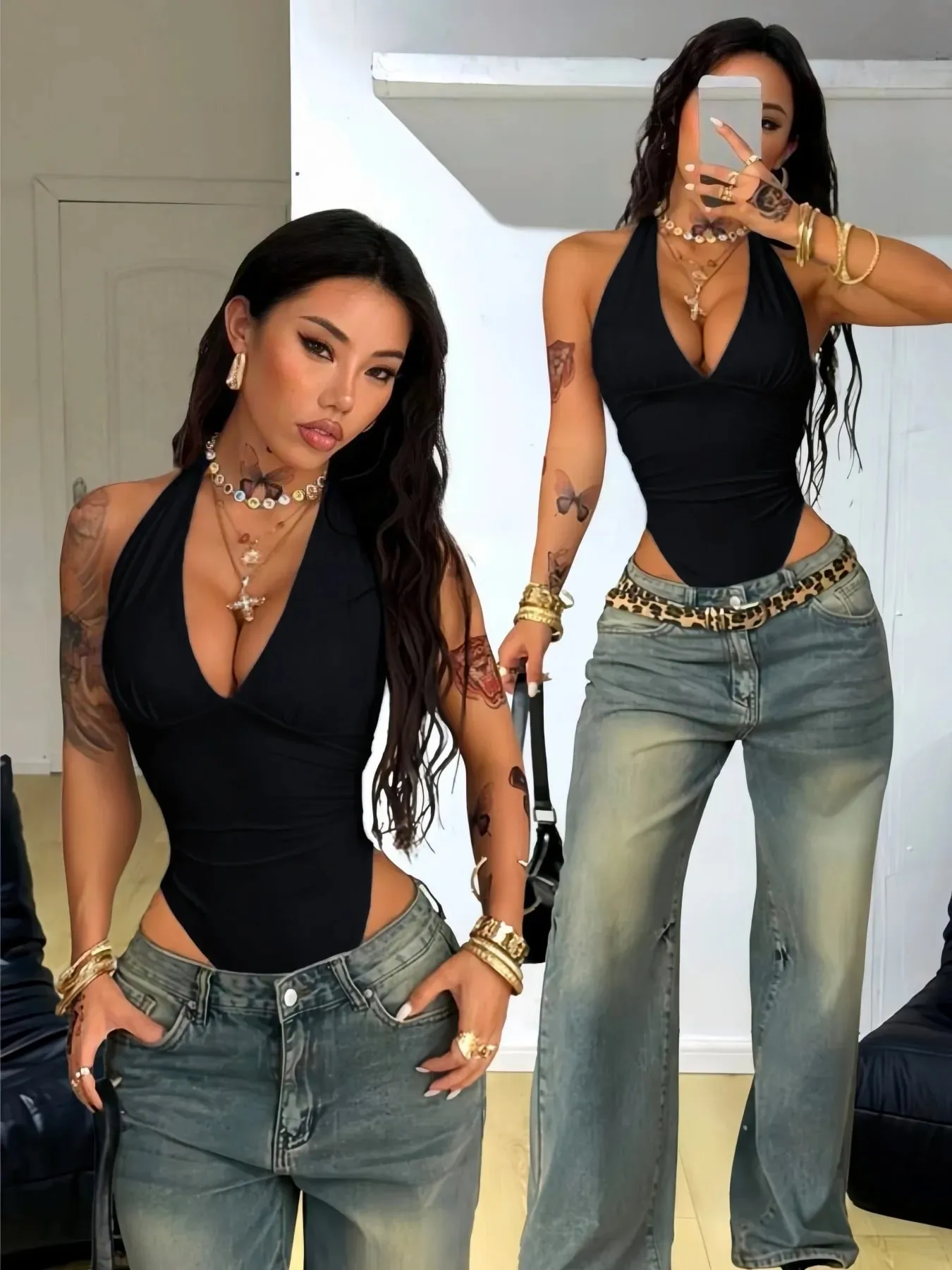 Women Halter Deep V Neck Ruched Slim Fit Sleeveless Bodysuit 2026 Summer Y2K Solid White Going Out Streetwear Jumpsuit Top