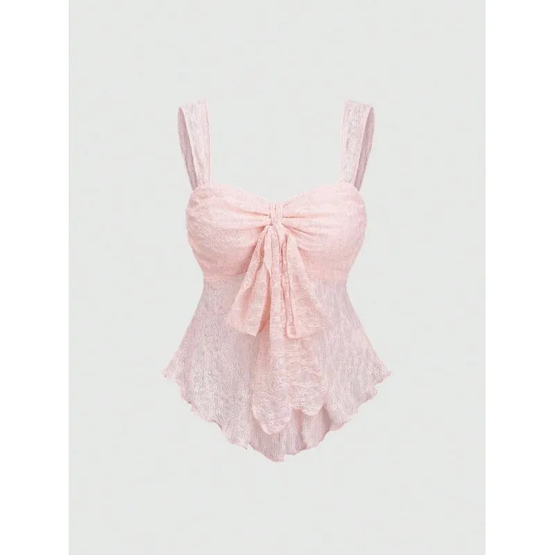 French soft pure aesthetic women cropped camisole solid lace jacquard fabric bow ornament waist cinched versatile sleeveless inn — image 2