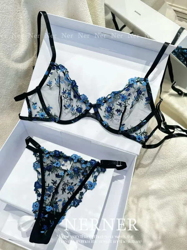 Korean Hot Lace Bra Set Floral Embroidery Transparent Mesh Ultra Thin Big Bust Modest Summer Ladies Daily Wear Underwear 32-38 — image 16