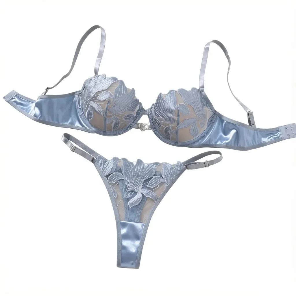 Silver Blue Floral Embroidery Lingerie Set Satin Mesh Underwire Bra Thong Women Intimate Underwear Honeymoon Boudoir ZA824031 — image 1