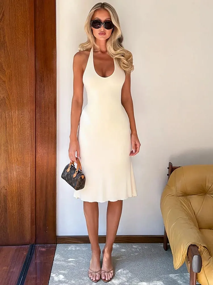 Mozision Women Halter Deep V Neck Midi Dress Sleeveless Backless Bodycon Ruffle Hem Long Dress Elegant Club Party Evening Dress — image 4