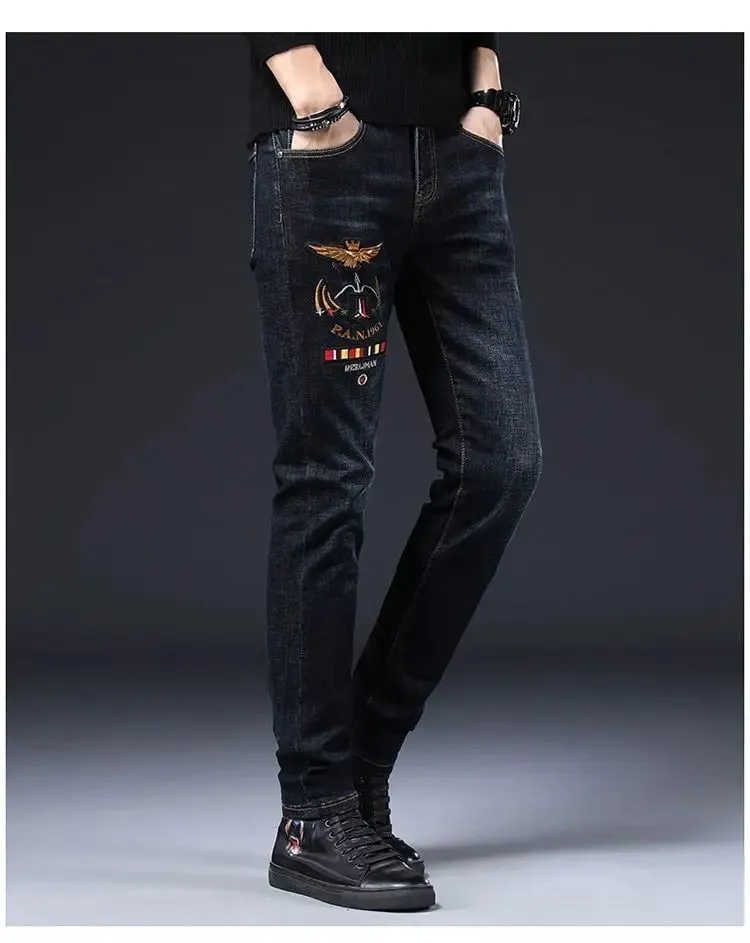 High-end Men's Jeans Summer New Embroidery Printed Slim-fit Elastic Small Feet Trousers Punk Clothing Luxury Brand Men Jeans — image 3