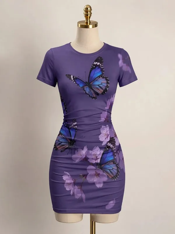 Womens Short Sleeve Bodycon Mini Dress Slim Fit Crew Neck Floral Print Casual Summer Party Cute Trendy Flattering Party Sundress — image 10