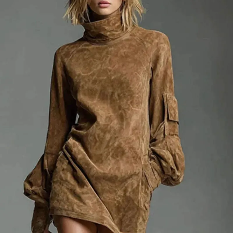 Autumn Retro Solid Suede Mini Short Dresses Sexy Turtleneck Slim Woman Pullover Dress Winter Long Sleeve Pockets Female Clothing — image 6