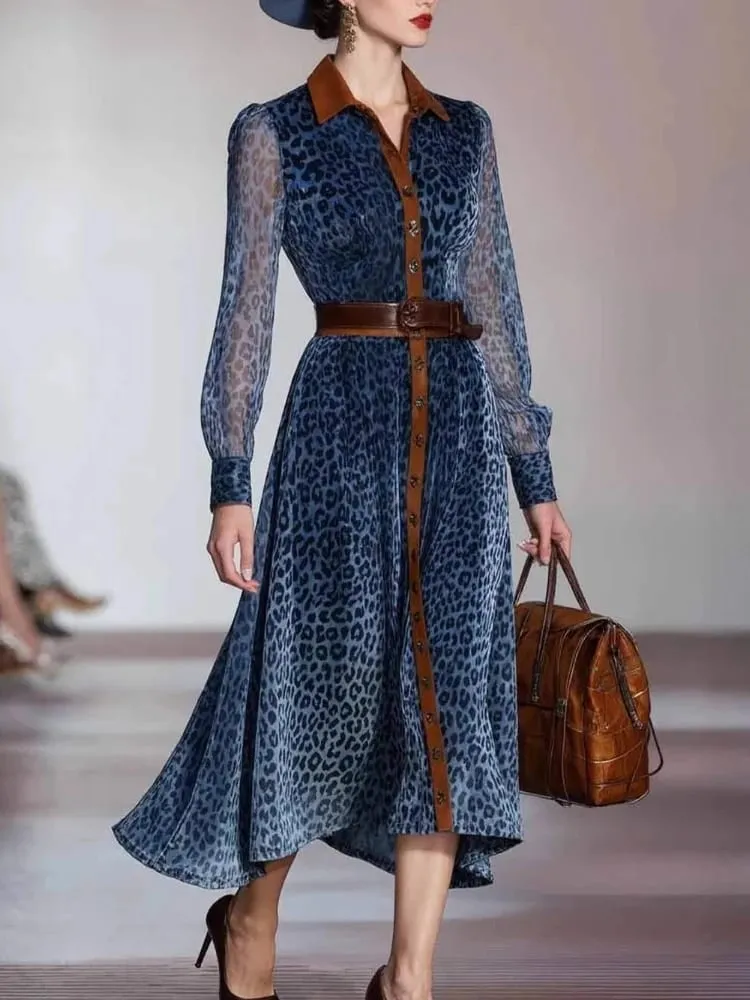 Women Elegant Dress Leopard Printed Mesh Dress Colorblock Lapel Collar Single Breasted Vintage Chic Long Sleeve Dress