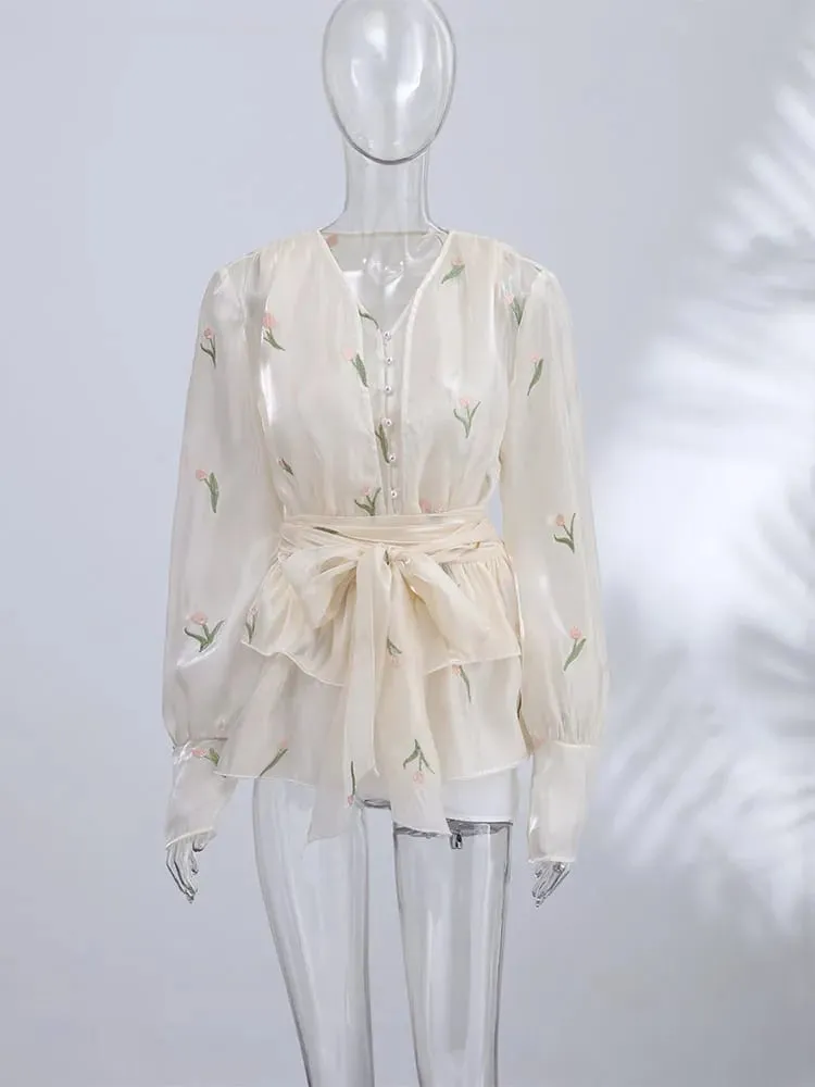 2026 Spring Summer Floral Embroidered Chiffon Wrap Tie Waist Ruffle Mini Dress Sheer V-Neck Romantic Feminine Women Date Vestido — image 6