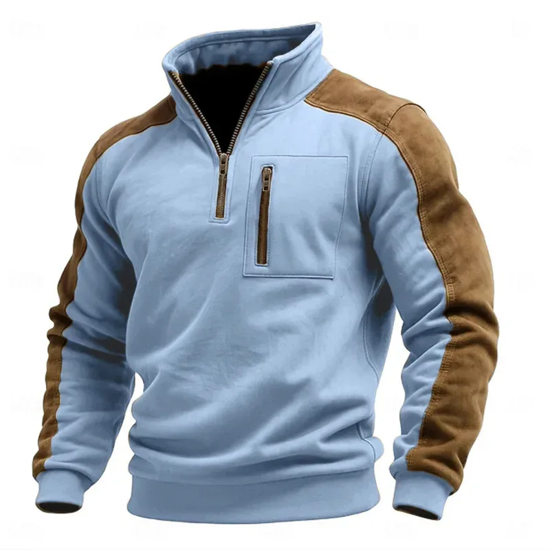 Autumn Winter New Men's Stand Collar Pullover Sweatshirts Fashion Patchwork Sports Tops Male Casual Streetwear Pull On Hoodie — image 4