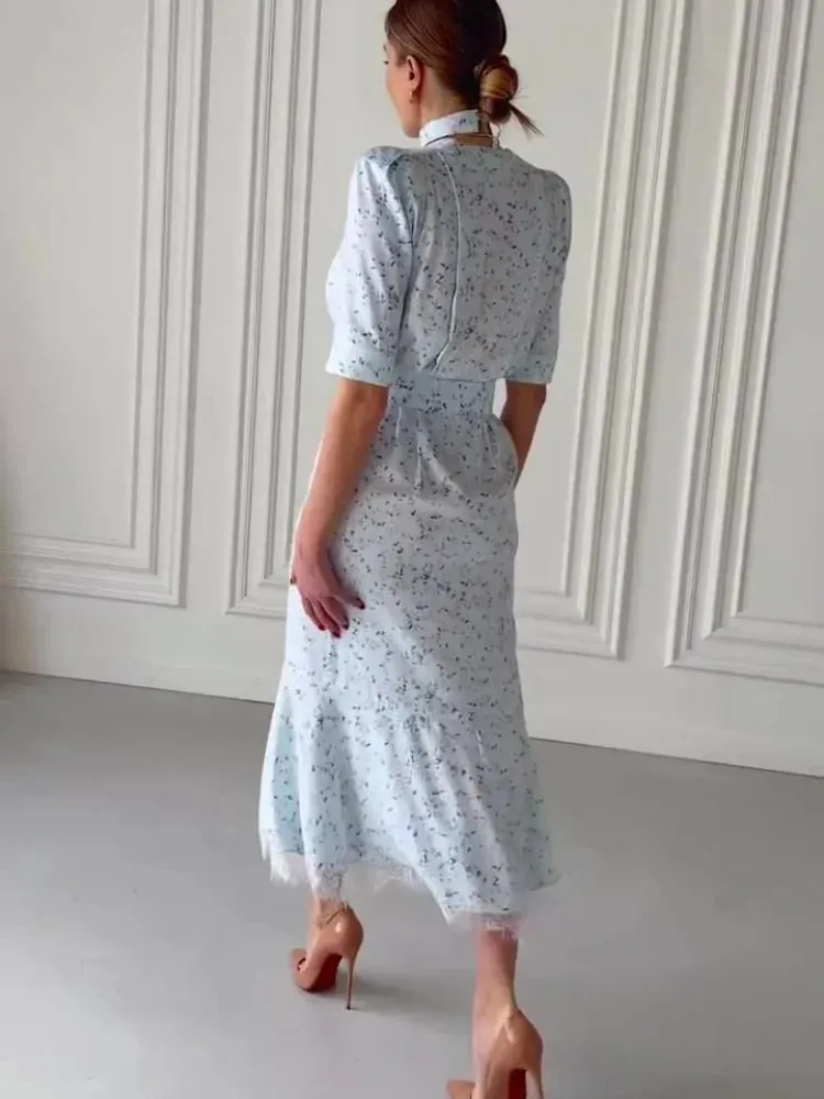 Deep V Neck Lace Trimmed Printed Dress Women Light Blue Tie Front Button Up Short Sleeve Robe Summer Lady Party Dresses 2026 — image 6