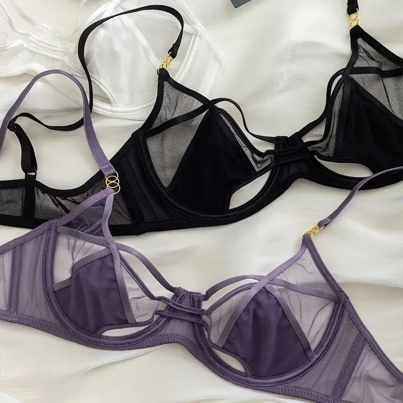 Hot Sale Sheer Mesh Lingerie Set No Padding Soft Wire Push Up See Through Floral Lace Bralette Dark Romance Style — image 5