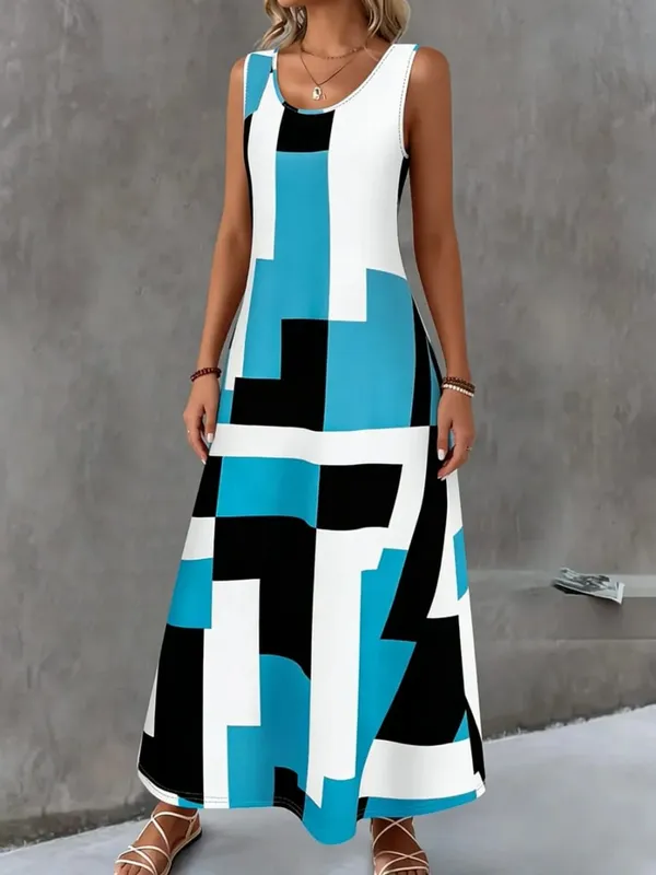 Women's Summer Dress Simple Grid Pattern Design Fashion Round Neck Woman Clothes Casual Cool Sexy Sleeveless Dresses for Woman — image 4
