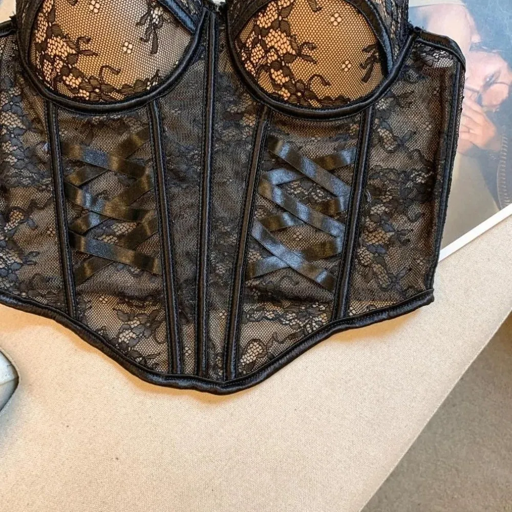 Mesh Flower Lace Corset Bottoming Shirt Spicy Girls Style Slim Lace Crop Top Fishbone Sleeveless Girl's Suspender Vest — image 3