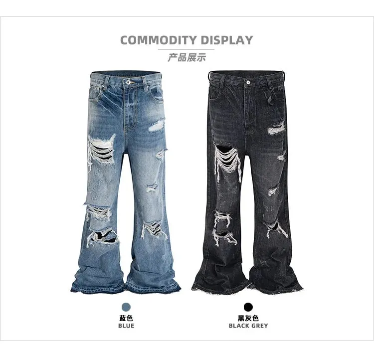Unisex Wide Leg Flared Jeans Torn Hole Cut with Cat Whisker Fringe Blue for Men And Women ZJ014 — image 3
