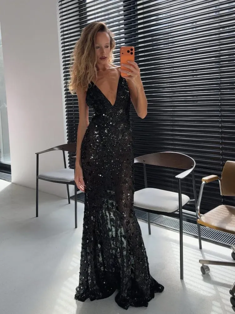 Women Elegant Sequin Mermaid Maxi Dress Elegant Spaghetti Strap Deep V Neck Bodycon Slim Gown Lady Evening Party Long Dresses — image 2