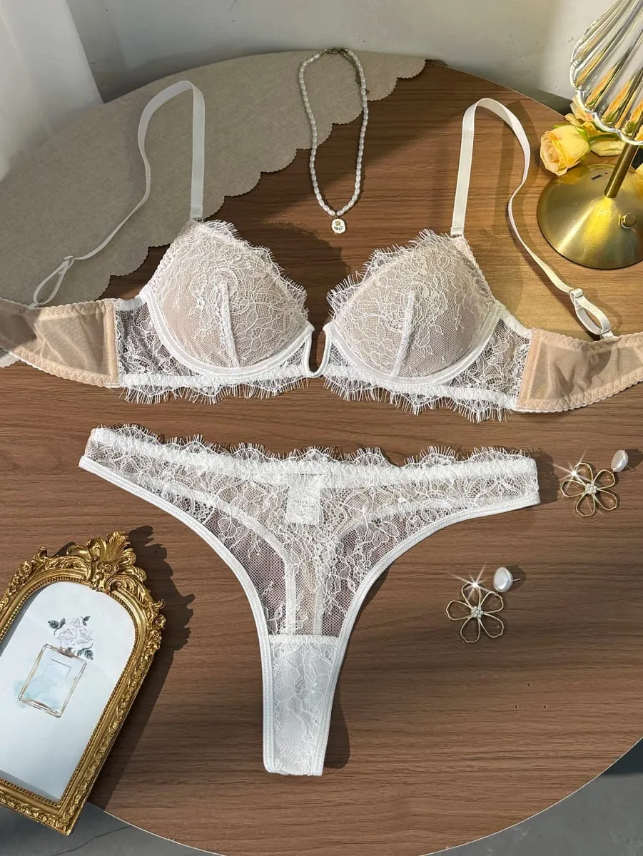 French Lace Eyelash White Bralette And Panties Set Women's Summer Thin Sexy Pure Desire Underwear Two-Piece Set
