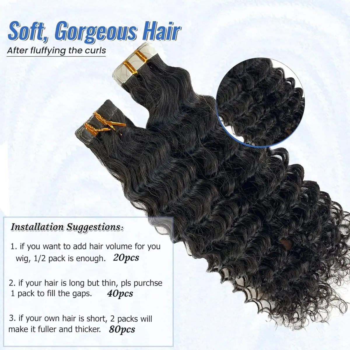 Deep Water Wave Tape In Hair Extensions Natural Black Remy 100% Human Hair 20pcs/50g Curly Tape ins Invisible Adhesive Seamless — image 4