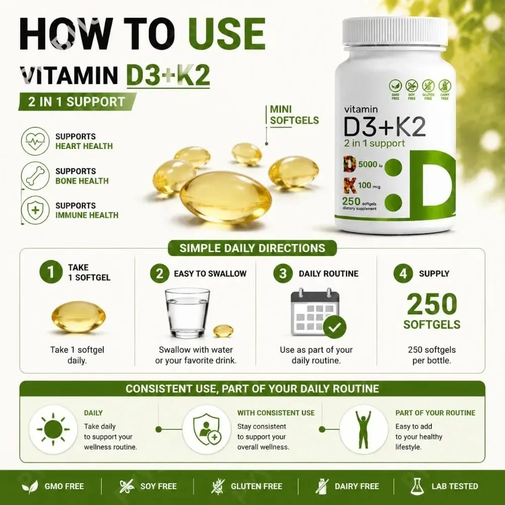 Vitamin D3 K2 Softgels with MK-7 5000 IU Vitamin D3 and 100 mcg Vitamin K2 for Daily Heart Bone & Immune Support 250 Softgels — image 5