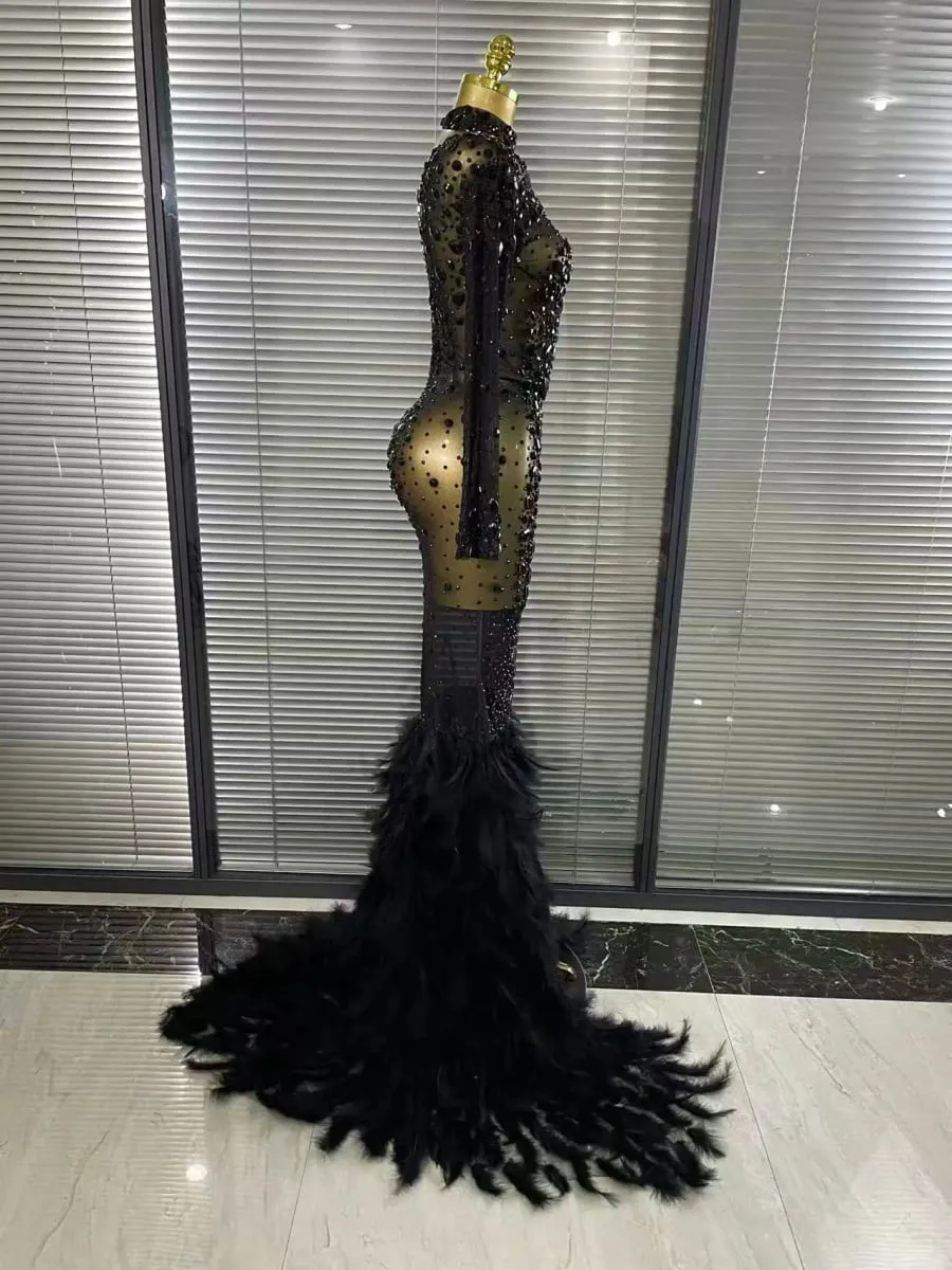 Black Red Women Long Sleeve Sexy Sparkly Crystal Mesh See Through Feathers Floor-length Mermaid Dress Evening Party Prom Outfit — image 4