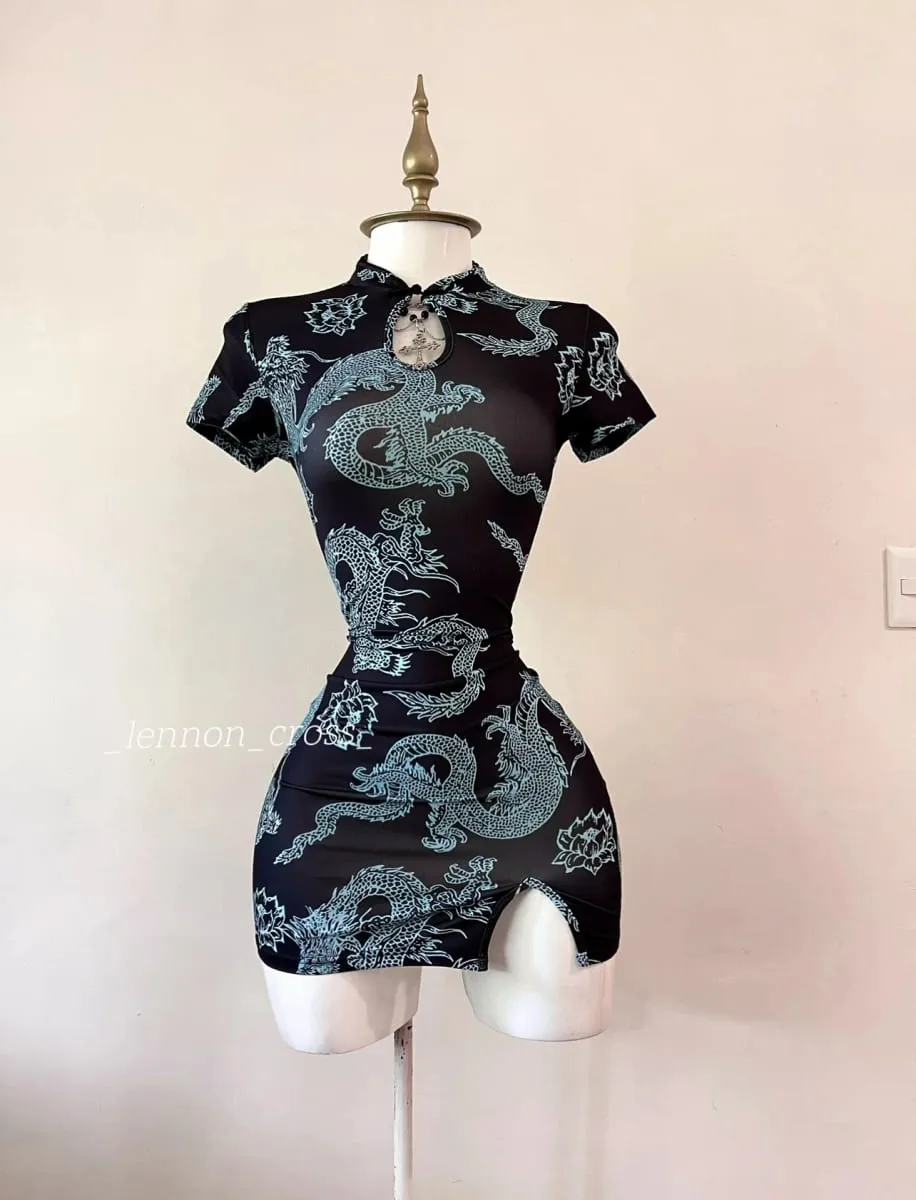 National Trend Style Dragon Pattern Improved Cheongsam Short-Sleeved Stand-Up Collar with Buttoned Sexy Slit Short Skirt — image 3
