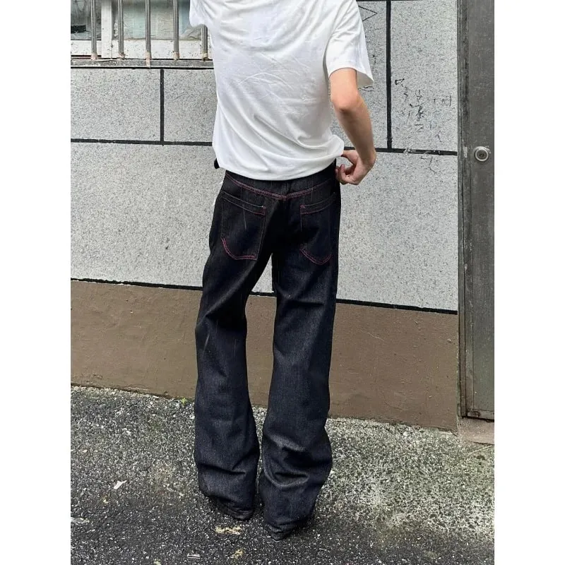 Men American Vintage Denim Red Stitch Raw Black Straight Micro Flare Jeans Slim Fit Fashion Casual Stretch Long Denim Trousers
