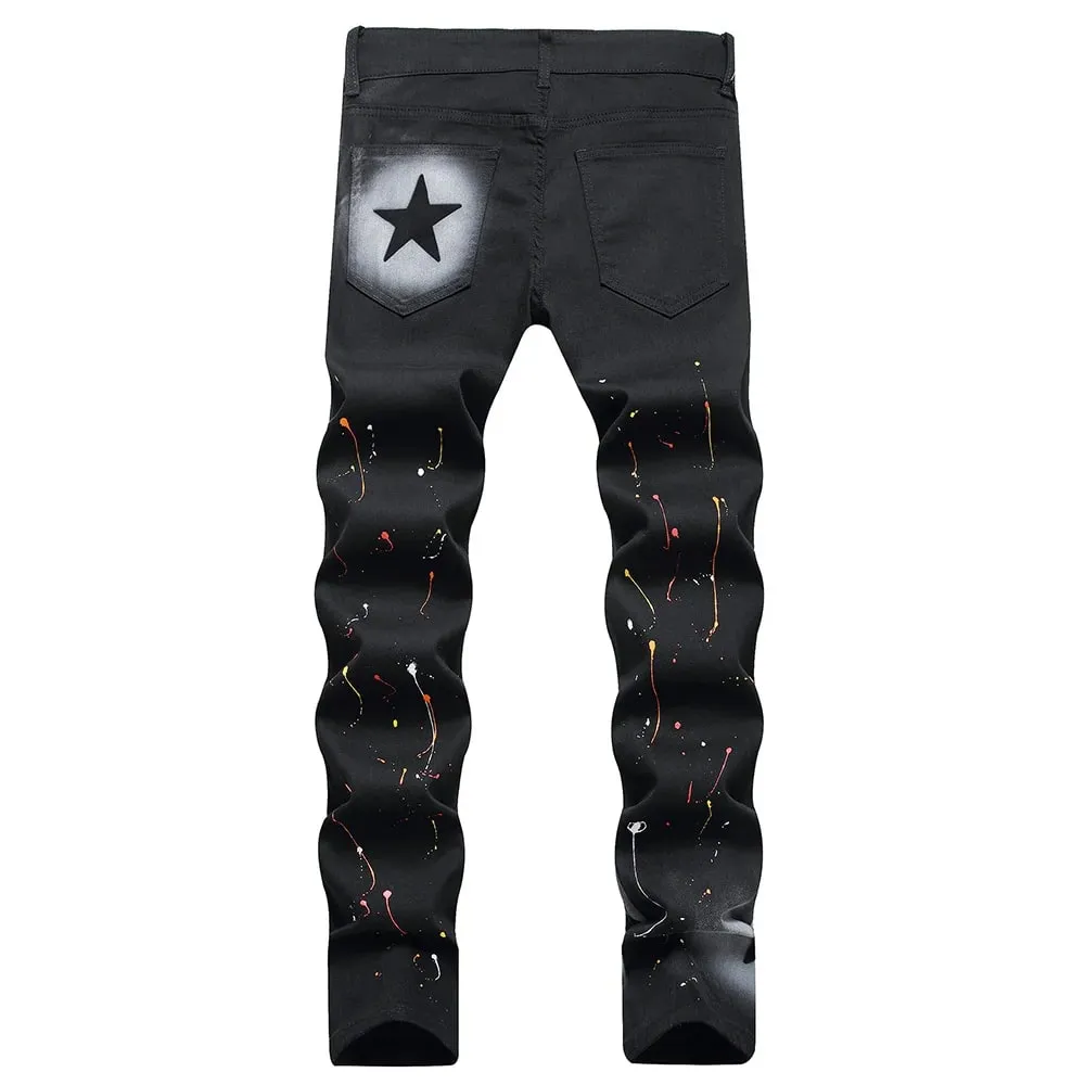 Men Star Painted Denim Jeans Casual Graffiti Print Slim Straight Pants Black Stretch Cotton Spandex Trousers — image 2