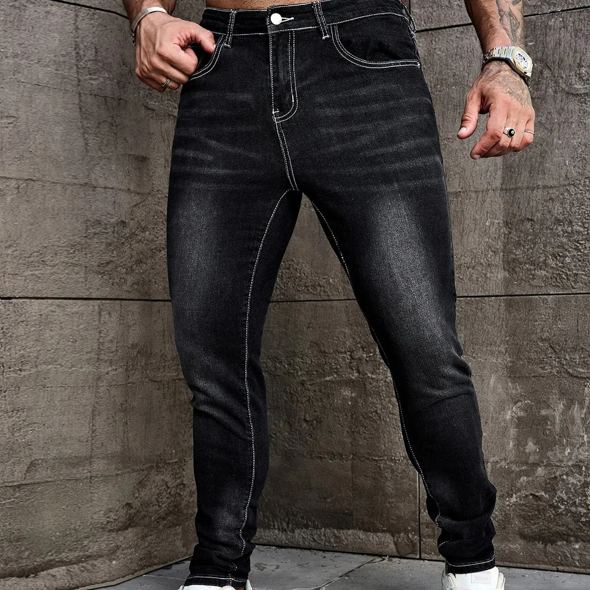 Men Jeans Denim Pants Clothing Trousers Men's Casual Black Washed Slim Fit Stretch Skinny Denim Pants — image 7