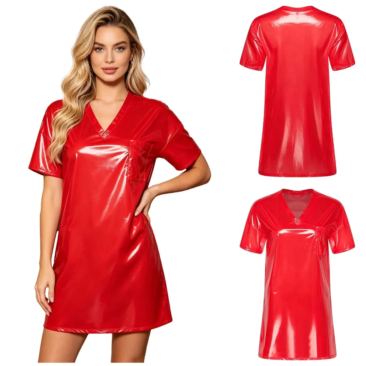 Womens Waterproof Sleep Dress V Neck Short Sleeve Side Split Loose Mini Dress Oversized T-shirt for Swimwear Water Rave Parties — image 2