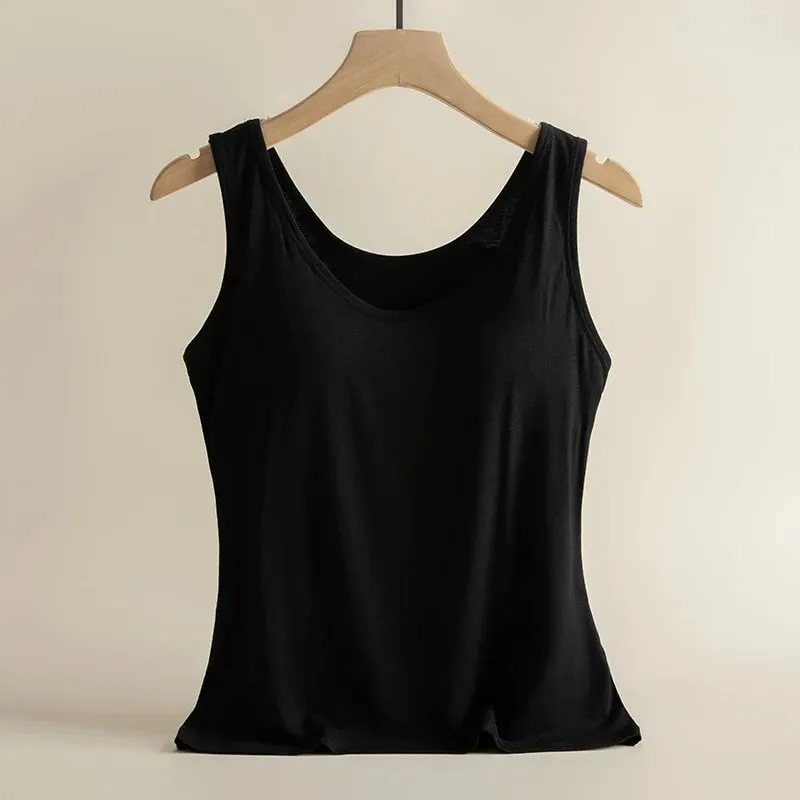 1pcs Women's Vest Tops Round Neck Vests Solid Color Padded Slim Fit Tank Tops Sexy Feminino Casual Tank Tops With Built In Bras — image 5